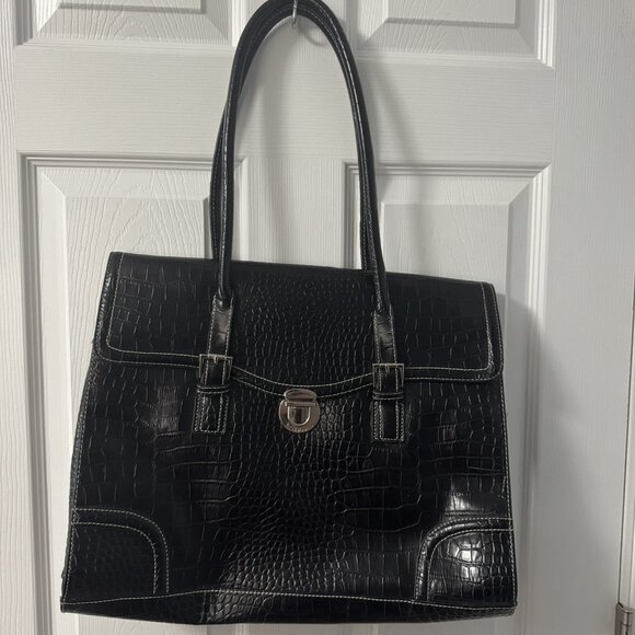 Liz Claiborne Handbags - Liz Claiborne Tote Bag Womens Large Black Faux Croc Embossed Purse Satchel Work
